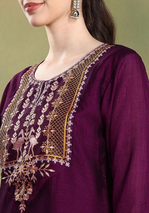 Wine Embroidered Silk Kurta Set With Dupatta