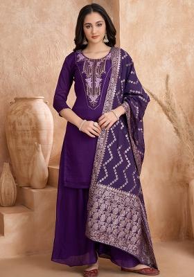 Purple Embroidered Silk Kurta Set With Dupatta