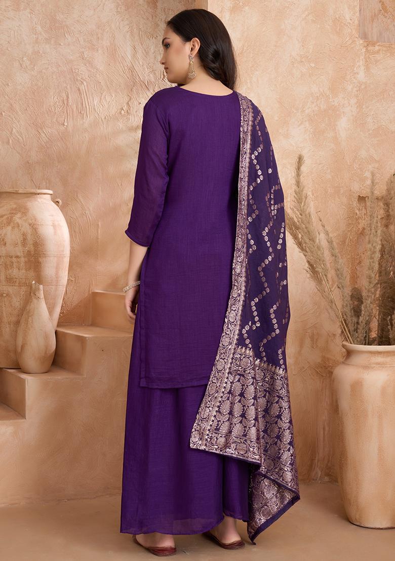 Purple Embroidered Silk Kurta Set With Dupatta - Indya