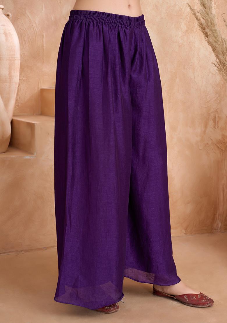 Purple Embroidered Silk Kurta Set With Dupatta - Indya