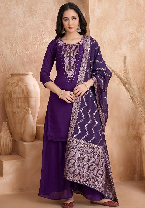 Purple Embroidered Silk Kurta Set With Dupatta