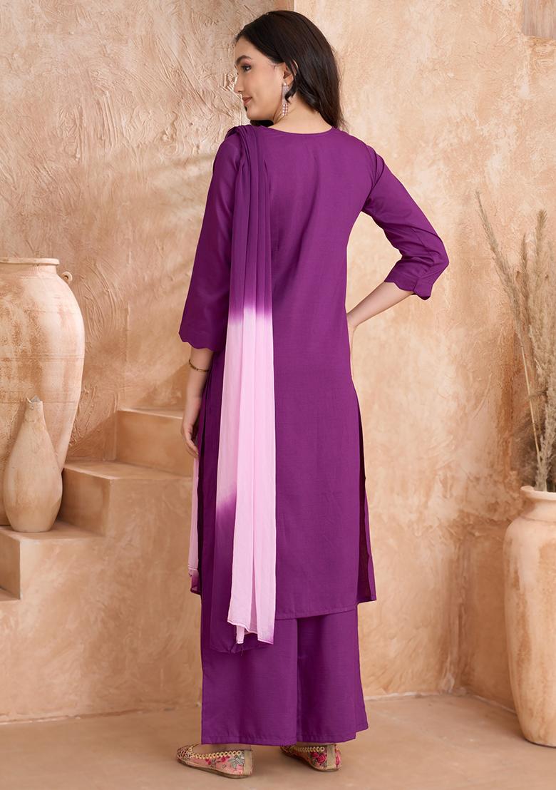 Purple Embroidered Silk Blend Kurta Set With Dupatta - Indya