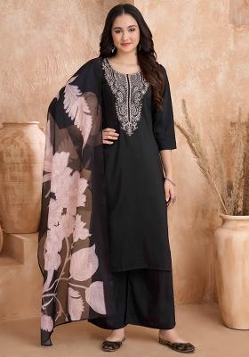 Black Embroidered Silk Blend Kurta Set With Dupatta