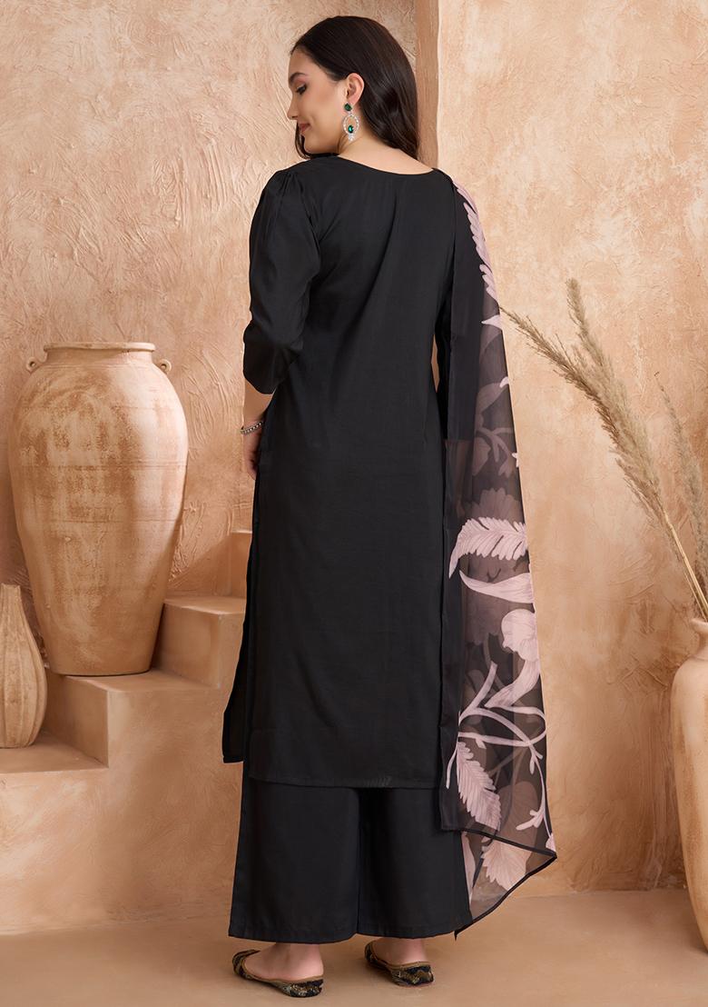 Black Embroidered Silk Blend Kurta Set With Dupatta - Indya