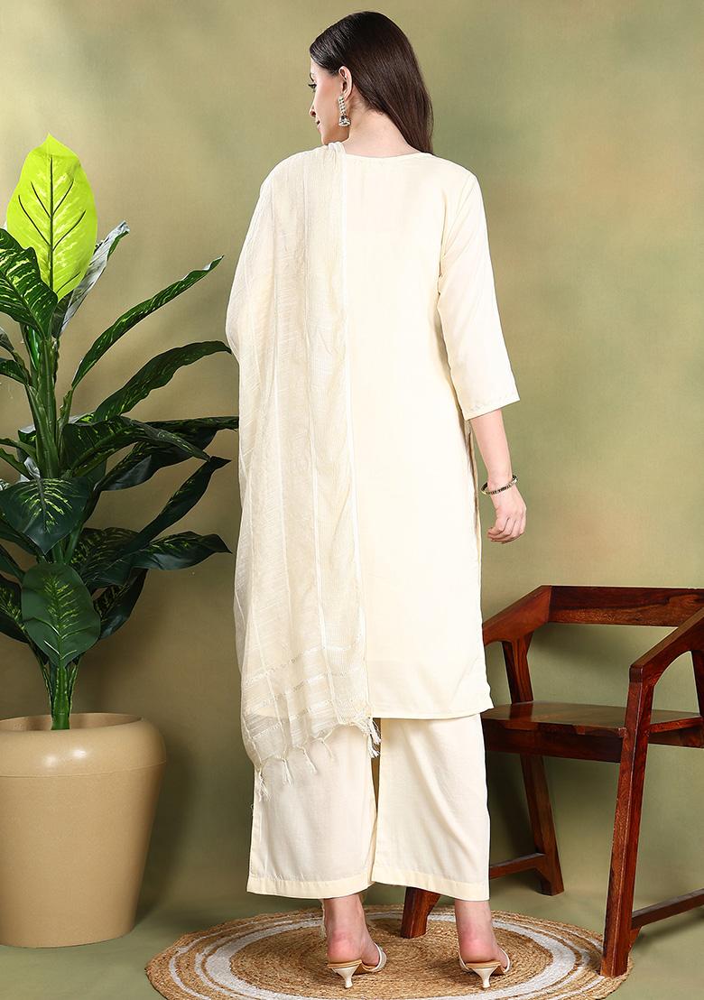 Beige Embroidered Silk Blend Kurta Set With Dupatta - Indya