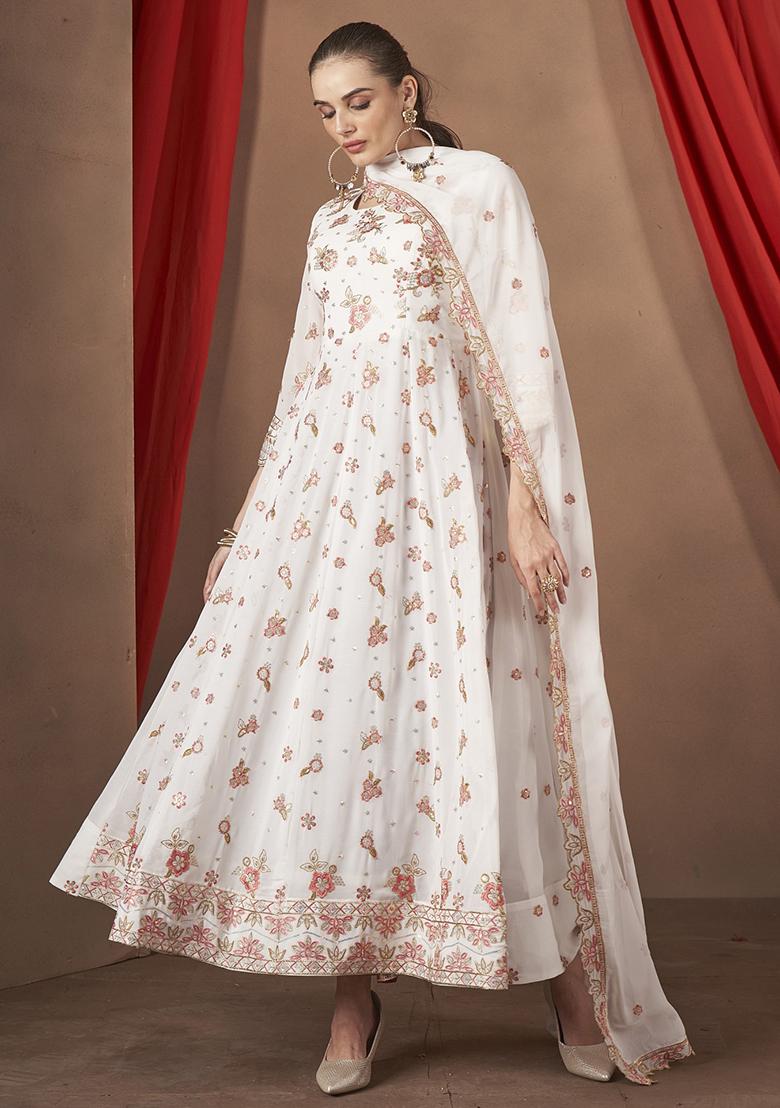 White Embroidered Georgette Kurta With Dupatta - Indya