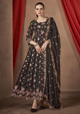 Black Embroidered Georgette Kurta With Dupatta