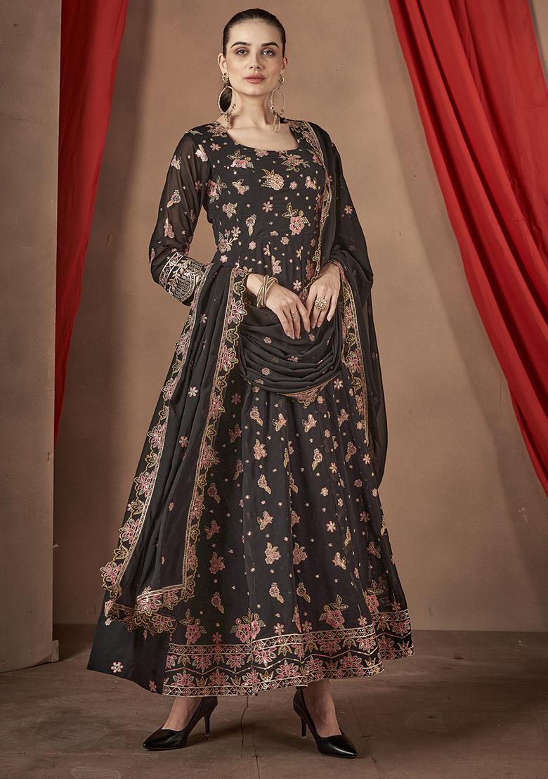 Black Embroidered Georgette Kurta With Dupatta - Indya