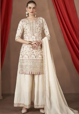 White Embroidered Silk Kurta Set With Dupatta