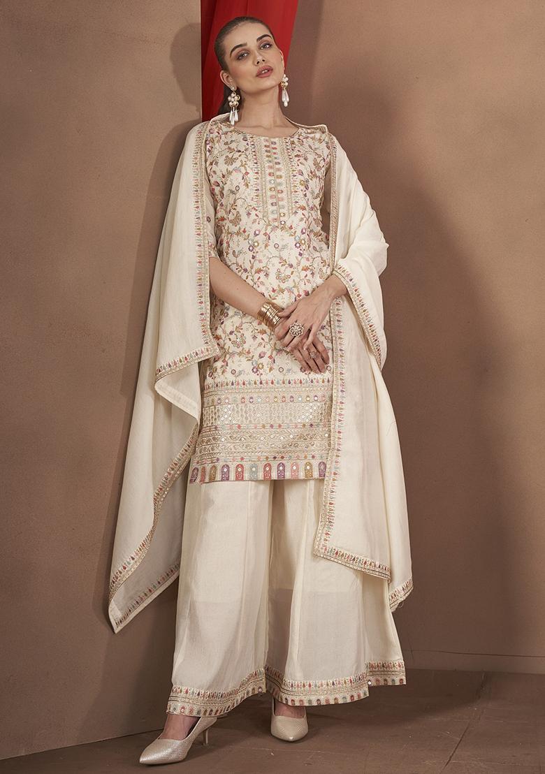 White Embroidered Silk Kurta Set With Dupatta - Indya