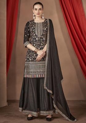 Black Embroidered Silk Kurta Set With Dupatta