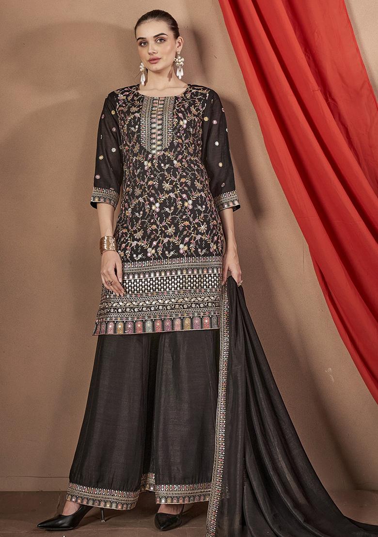 Black Embroidered Silk Kurta Set With Dupatta - Indya
