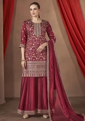 Maroon Embroidered Silk Kurta Set With Dupatta