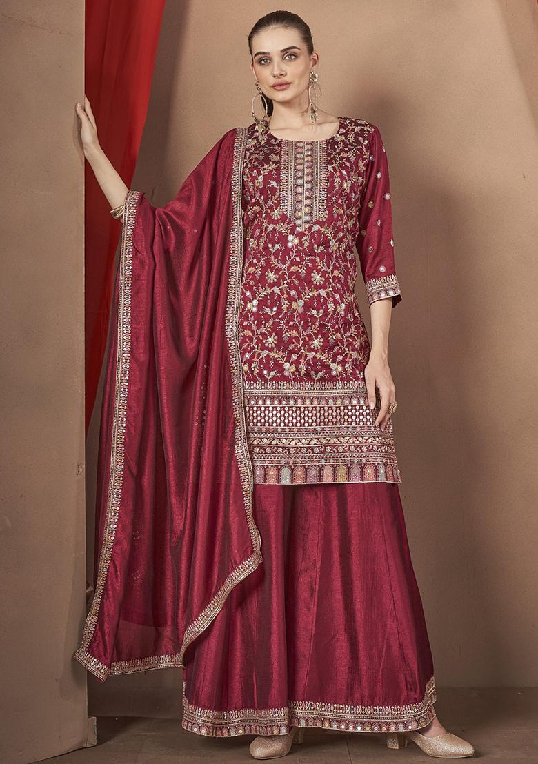 Maroon Embroidered Silk Kurta Set With Dupatta - Indya