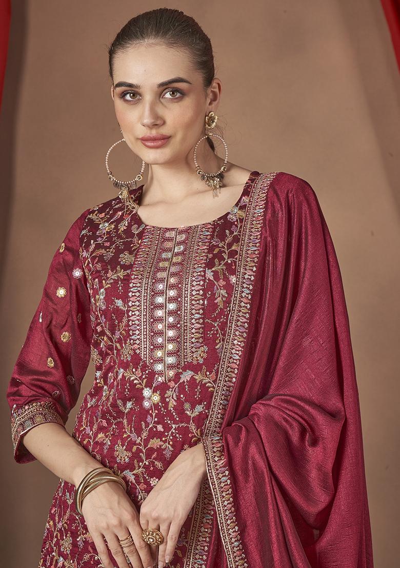 Maroon Embroidered Silk Kurta Set With Dupatta