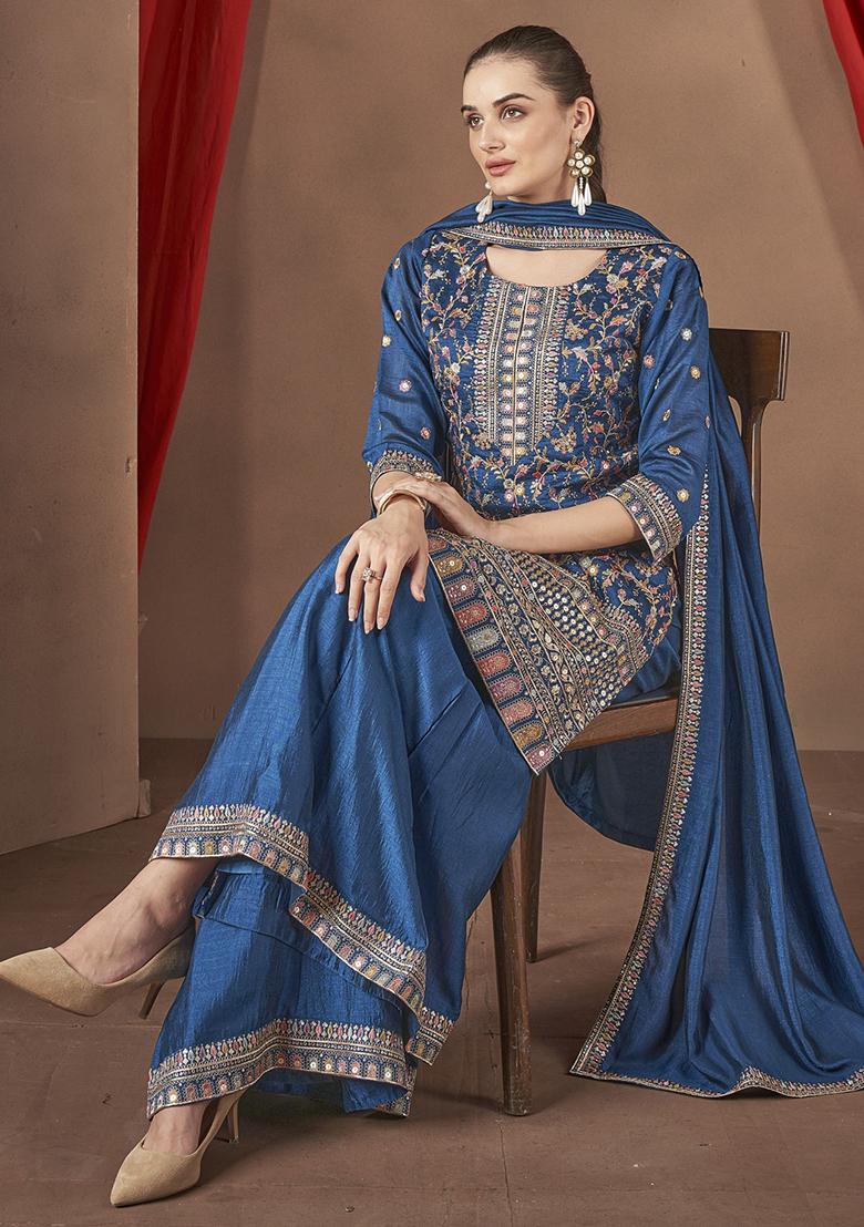 Teal Embroidered Silk Kurta Set With Dupatta - Indya