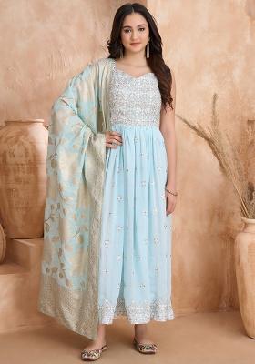 Sky Blue Embroidered Georgette Kurta With Dupatta