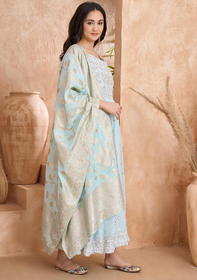Sky Blue Embroidered Georgette Kurta With Dupatta - Indya