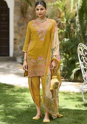 Yellow Embroidered Shimmer Kurta Set With Dupatta