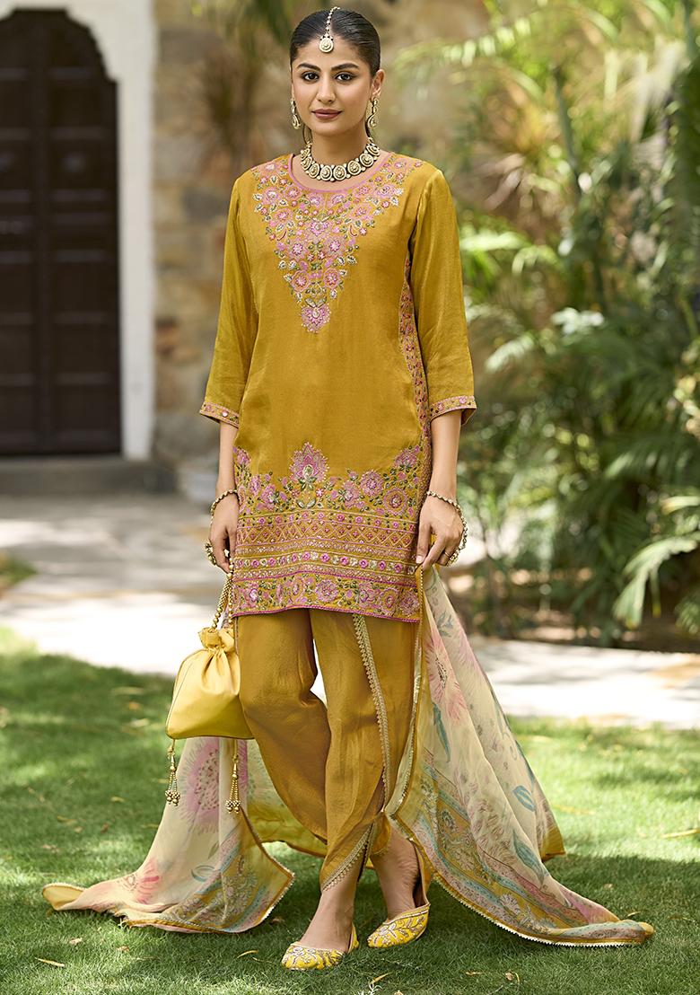 Yellow Embroidered Shimmer Kurta Set With Dupatta - Indya