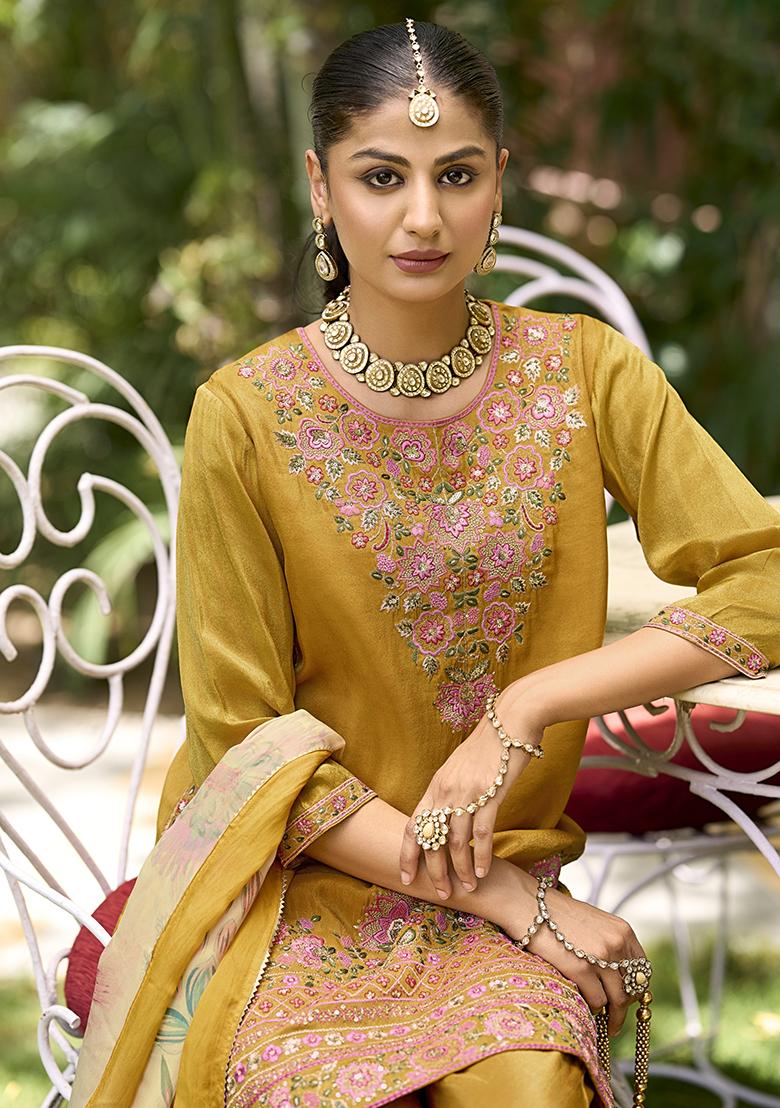 Yellow Embroidered Shimmer Kurta Set With Dupatta - Indya
