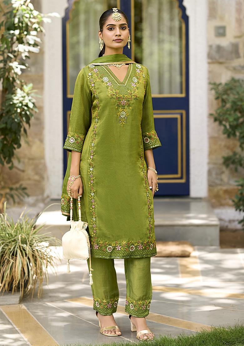 Green Embroidered Shimmer Kurta Set With Dupatta - Indya