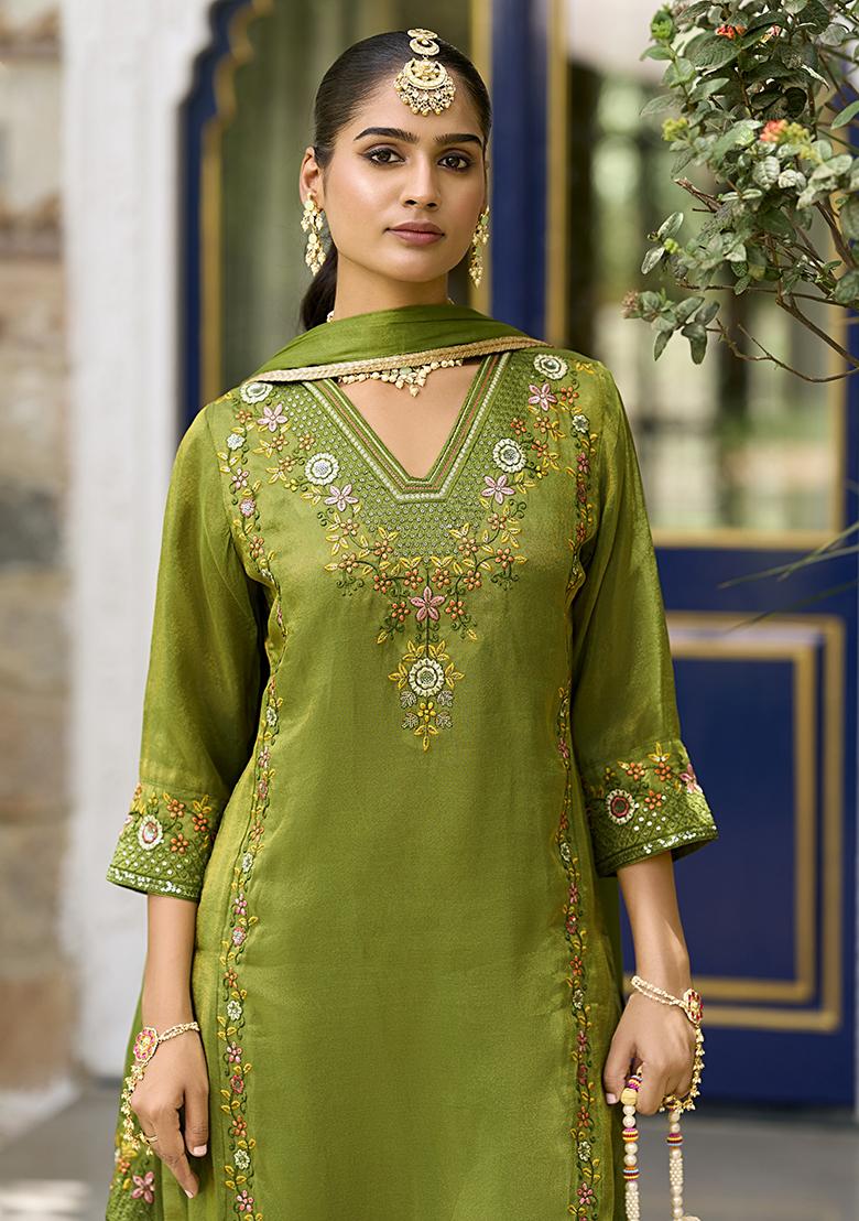 Green Embroidered Shimmer Kurta Set With Dupatta