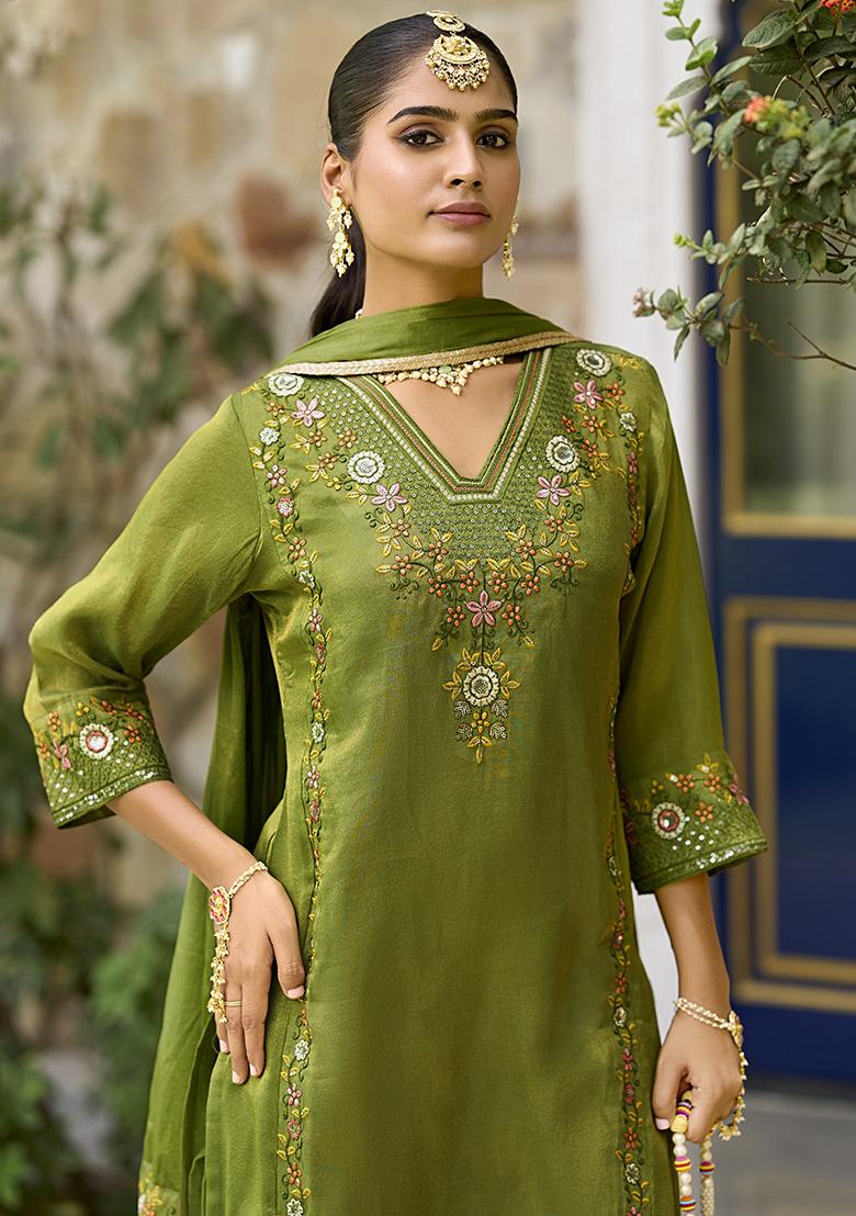 Green Embroidered Shimmer Kurta Set With Dupatta - Indya