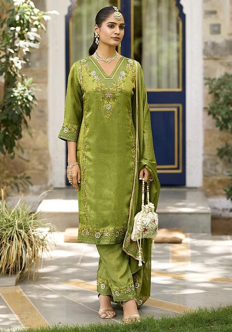 Green Embroidered Shimmer Kurta Set With Dupatta