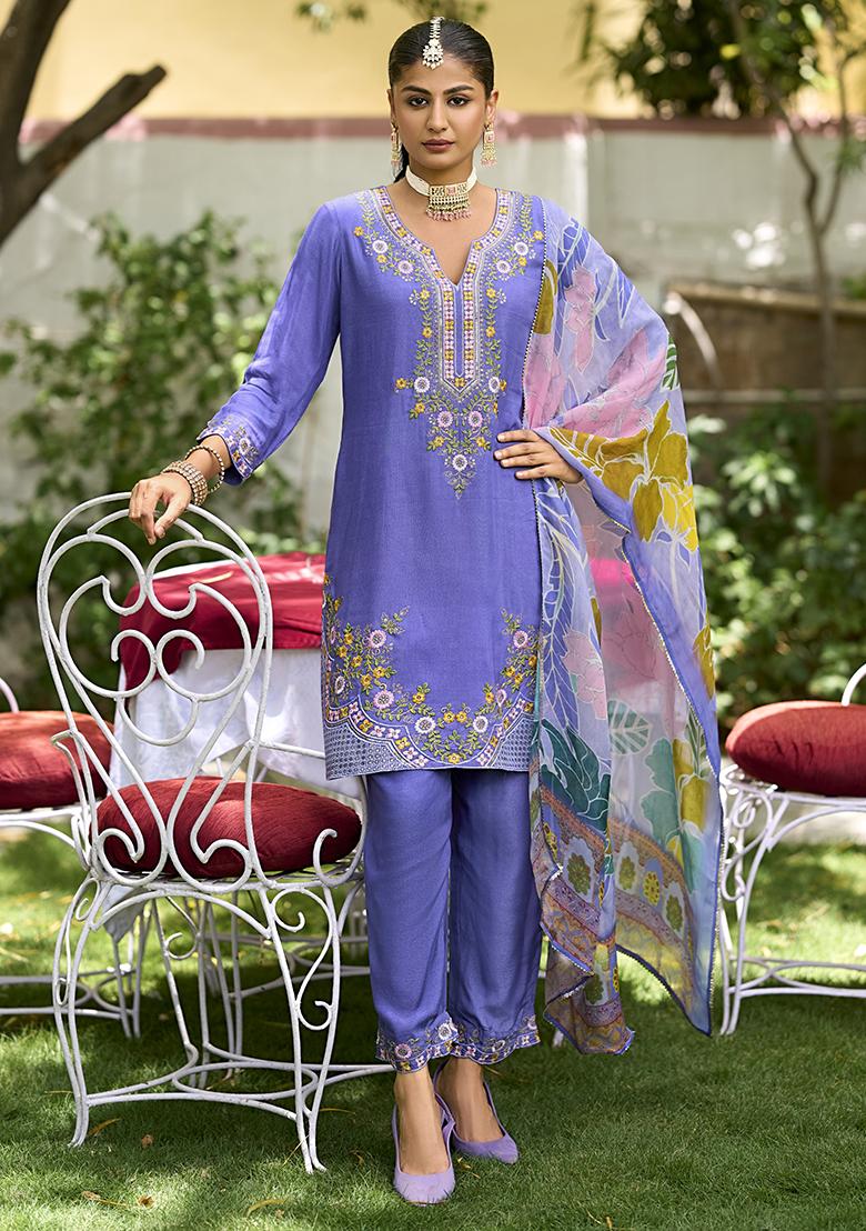 Blue Embroidered Shimmer Kurta Set With Dupatta