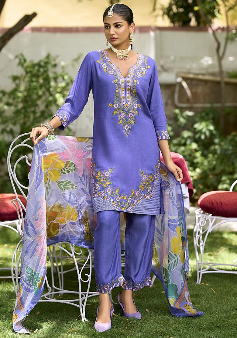 Blue Embroidered Shimmer Kurta Set With Dupatta - Indya