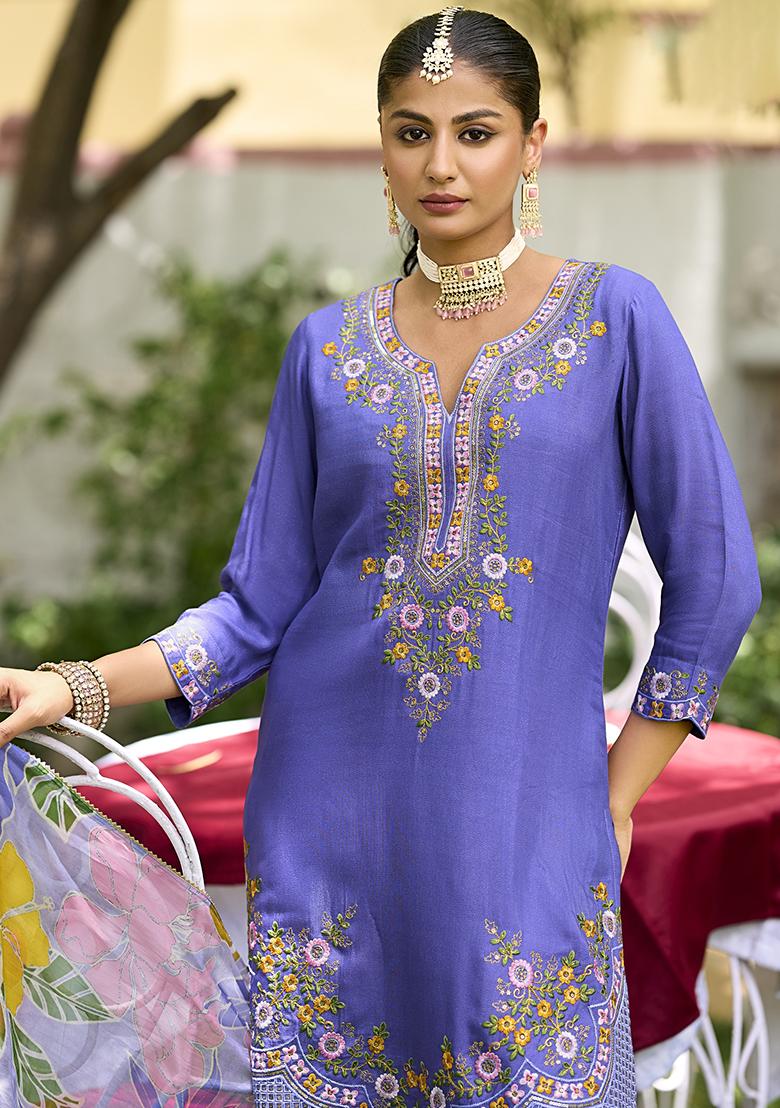 Blue Embroidered Shimmer Kurta Set With Dupatta - Indya