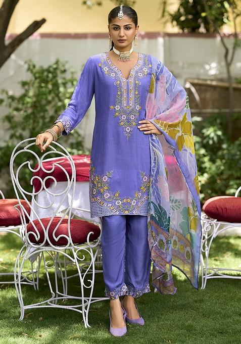 Blue Embroidered Shimmer Straight Kurta Set