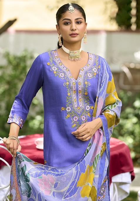 Blue Embroidered Shimmer Kurta Set With Dupatta