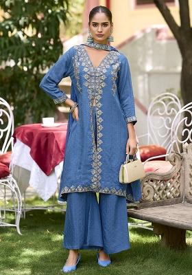 Blue Embroidered Silk Kurta Set With Dupatta