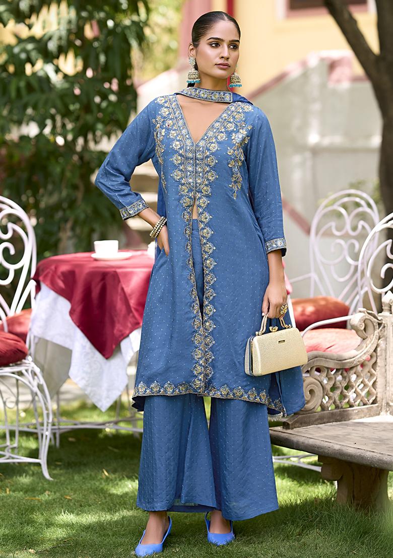 Blue Embroidered Silk Kurta Set With Dupatta