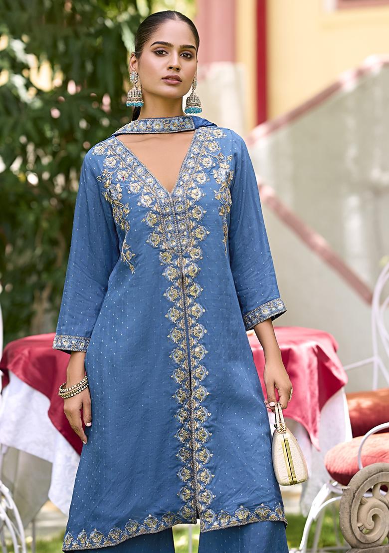 Blue Embroidered Silk Kurta Set With Dupatta