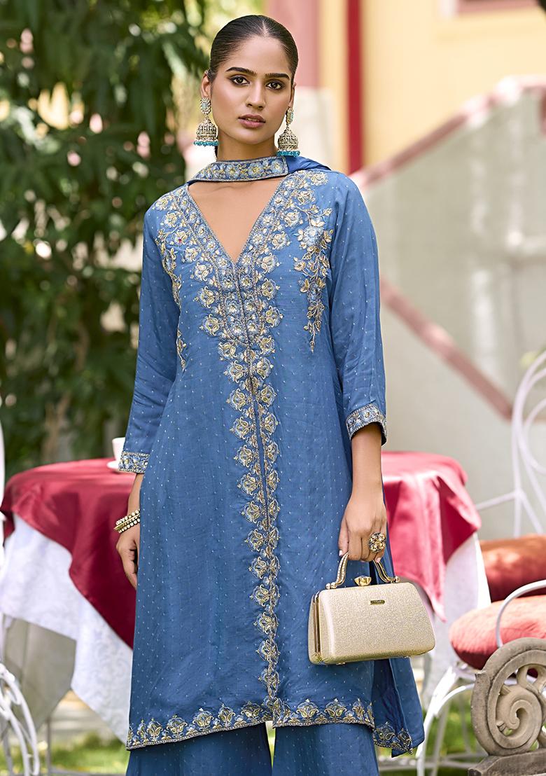 Blue Embroidered Silk Kurta Set With Dupatta