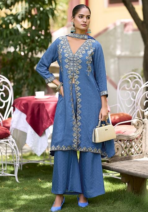 Blue Embroidered Silk Kurta Set With Dupatta