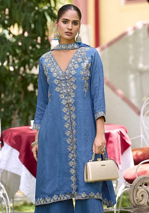 Blue Embroidered Silk Kurta Set With Dupatta