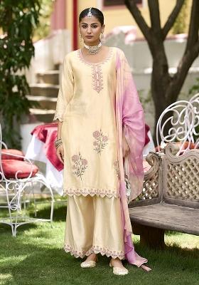 Beige Embroidered Silk Kurta Set With Dupatta