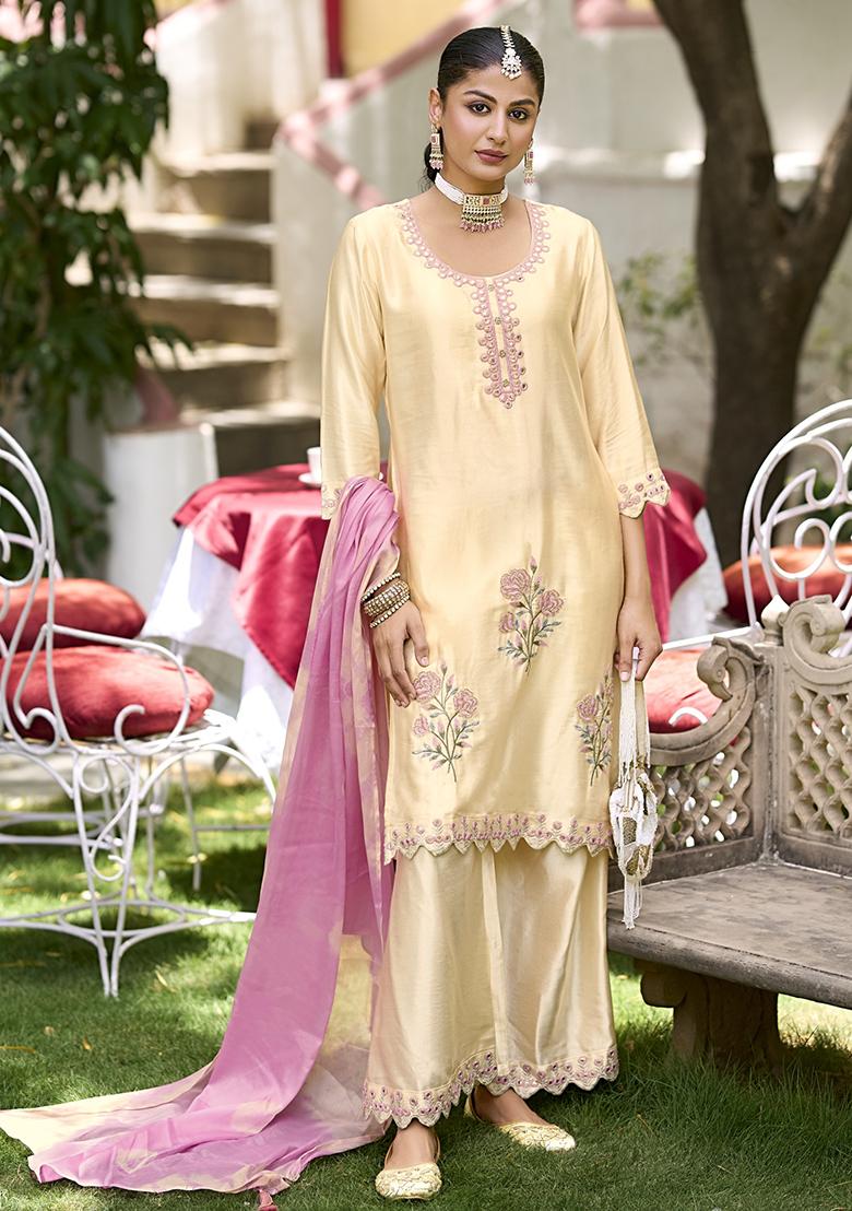 Beige Embroidered Silk Kurta Set With Dupatta - Indya