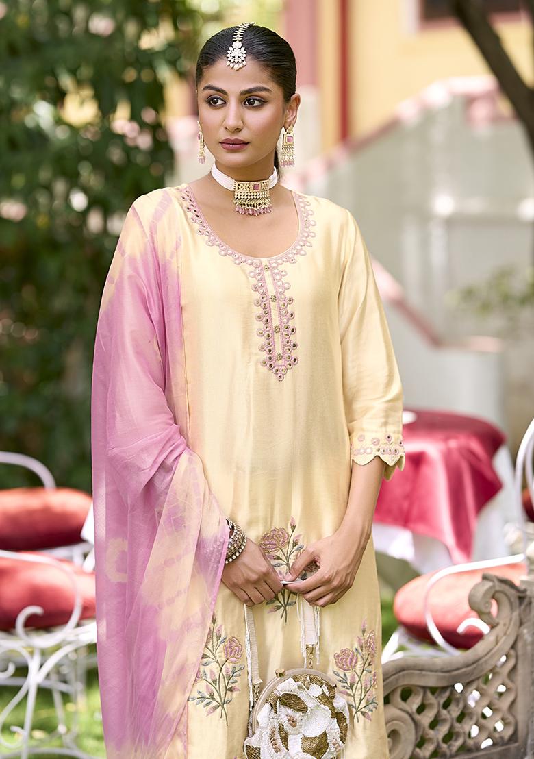 Beige Embroidered Silk Kurta Set With Dupatta - Indya