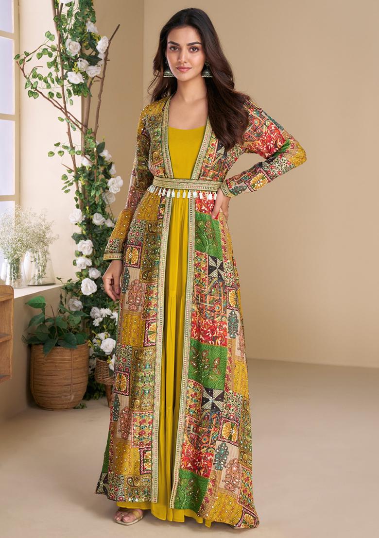 Yellow Printed Faux Georgette Anarkali Kurta