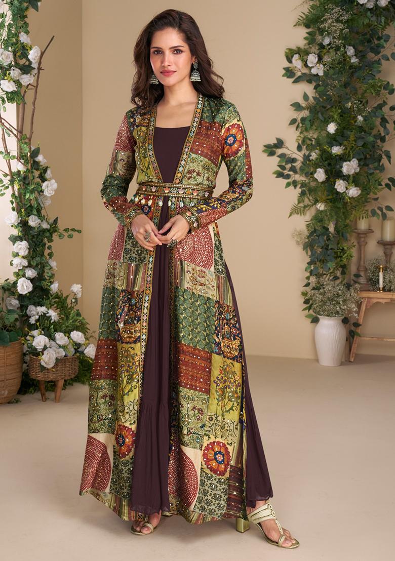 Brown Printed Faux Georgette Anarkali Kurta
