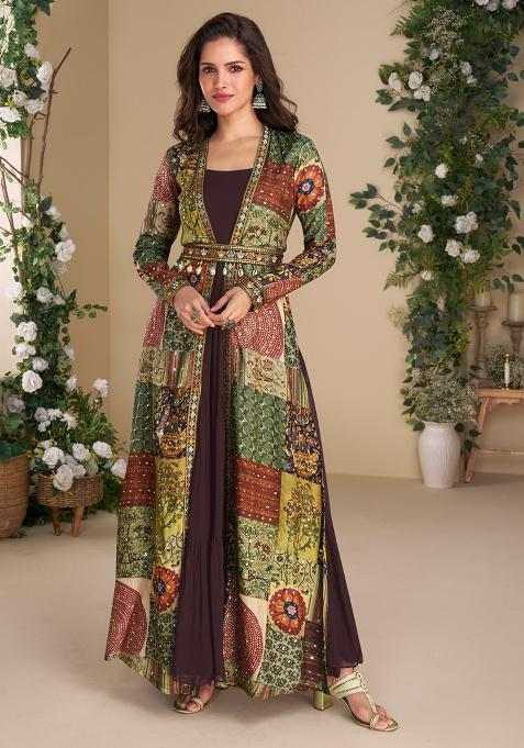 Brown Printed Faux Georgette Anarkali Kurta