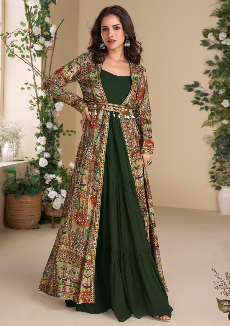 Dark Green Printed Faux Georgette Anarkali Kurta