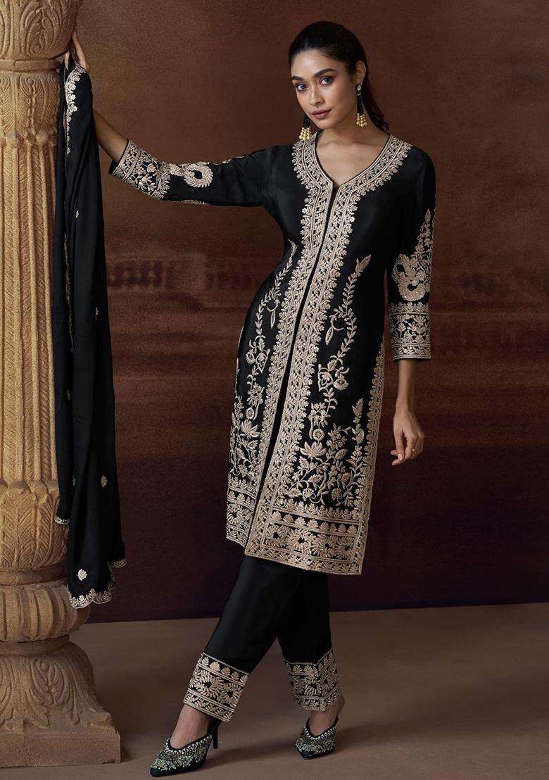 Black Embroidered Silk Kurta Set With Dupatta - Indya
