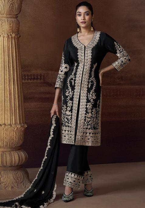 Black Embroidered Silk Kurta Set With Dupatta