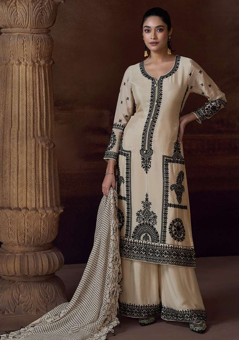 Beige Embroidered Silk Blend Pakistani Suit Set - Indya